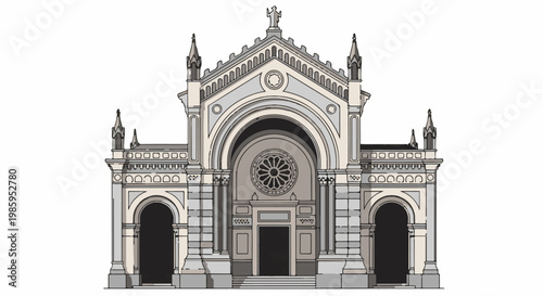 An ornate, imposing facade of a classical building with arched doorways