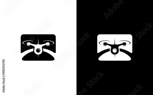 Drone Aerial Photography Logo, Quadcopter Surveillance Icon in Square Frame, Modern Technology and Video Service Vector Illustration