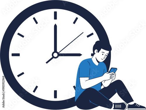 Young man looking at his phone while sitting against a large clock, symbolizing time management or procrastination