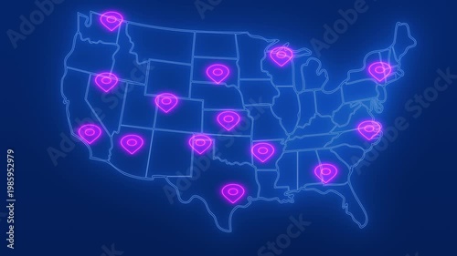 A neon map of the United States featuring glowing location pins across major cities. The vibrant pink and blue tones create a modern visual representing travel, data points, and nationwide connectivit