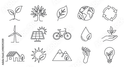 Set of minimal line icons focused on eco sustainability and renewable energy. Includes solar panels, wind turbine, recycling, nature and green lifestyle symbols. Perfect for web, apps and infographics