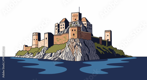 Ancient fortress perched atop rugged rocks overlooking tranquil blue waters