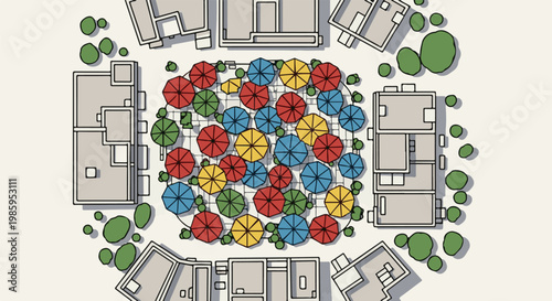 Aerial view of a courtyard filled with colorful umbrellas, surrounded by buildings and trees
