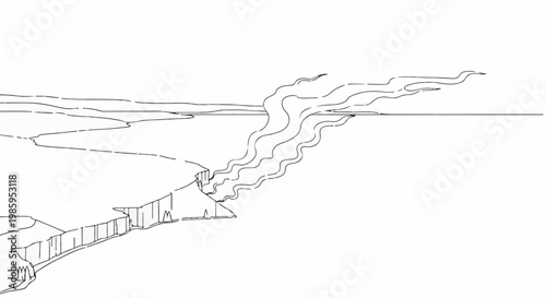 Aerial view of a coastline with a plume of smoke billowing over the ocean