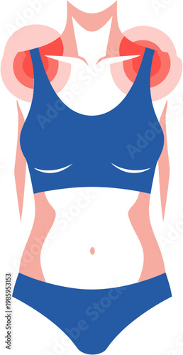 Illustration of a female torso highlighting pain points in the shoulders and lower back, indicative of discomfort or injury