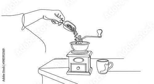 Continuous line drawing of a hand pouring coffee beans into a manual coffee grinder. Minimal line art illustration representing coffee preparation, morning routine and cafe concept