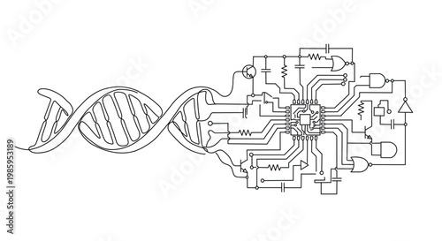 Abstract line illustration showing DNA transforming into electronic circuit and microchip. Concept of genetic engineering, artificial intelligence, biotechnology and digital transformation