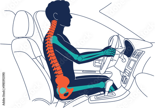 Anatomical illustration of proper posture for a driver to maintain spinal health while operating a vehicle