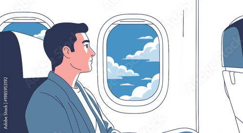 Man looks out the airplane window at fluffy clouds and blue sky during a flight