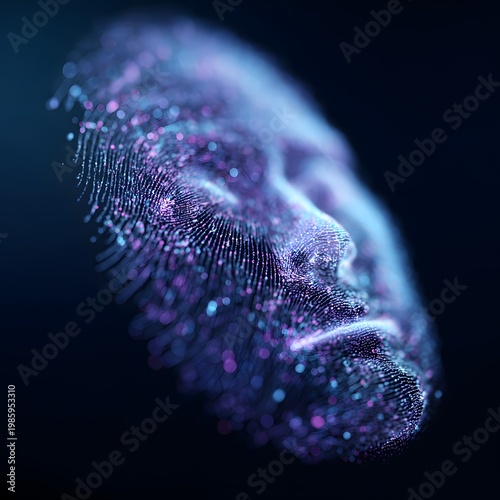 Digital persona: Abstract representation of a human face composed of countless particles, radiating an aura of technological innovation and artificial intelligence.