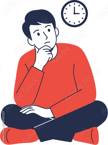 Thoughtful man with clock, contemplating time passing and making decisions