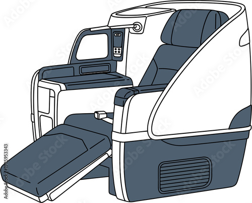 Detailed illustration of a sophisticated premium airline seat, showcasing its luxurious design, advanced recline features, and enhanced privacy for an unparalleled travel experience