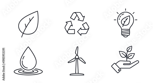 Eco friendly icons leaf recycle bulb water drop wind turbine plant