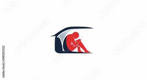 Abstract red figure curled inside dark blue and grey shelter