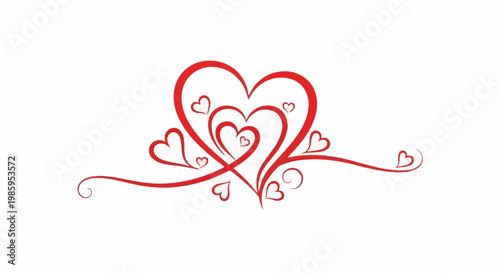 Abstract red hearts flourish with decorative swirls and lines