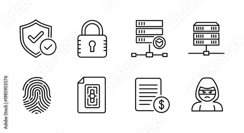 Data protection icons security shield padlock servers fingerprint document