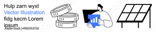 Financial planning, sustainability, data analysis, investment, renewable energy, clean technology. Stacked coins, person analyzing data solar panel. Financial planning and sustainability