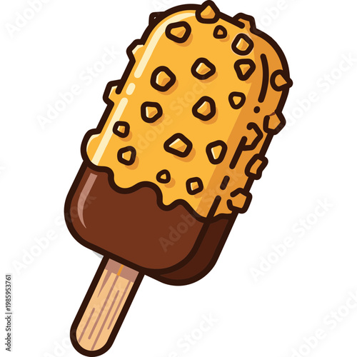 A colorful illustration of a chocolate-dipped ice cream on a stick with caramel toppings.