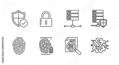 Data security icons shield lock fingerprint database cyber protection