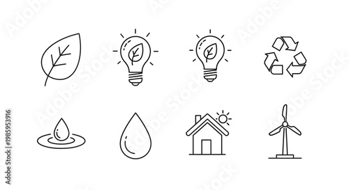Eco friendly icons leaf lightbulb recycle symbol drop house and turbine