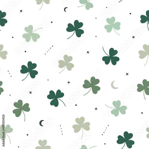 Seamless clover leaf pattern in soft green tones with minimal geometric elements.