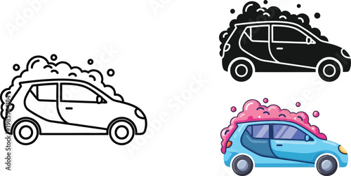 Car covered in colorful soap suds signifies a thorough cleaning process during a vehicle.