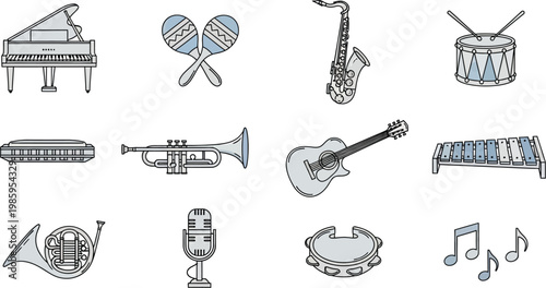 Various musical instruments are displayed including a piano, guitar, and saxophone.