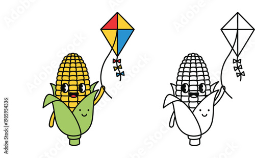 Cute Cartoon Corn Character Flying a Kite Vector Illustration with Coloring Page Version for Kids Activity