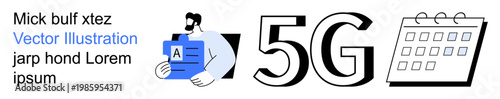Technology, communication, data management, scheduling, 5G innovation, productivity. Person holding a document, 5G text and calendar icons. Technology and communication-related concept