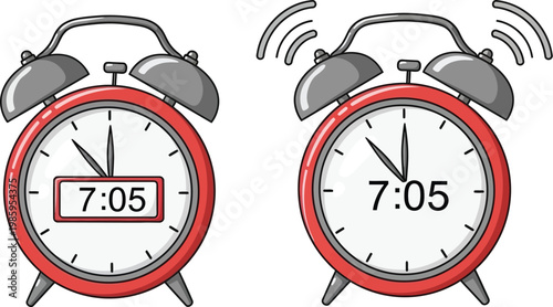 Twin alarm clocks show the time 7:05, one is ringing loudly.