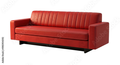 Modern red fabric sofa with two cushioned seats and armrests isolated on transparent background
