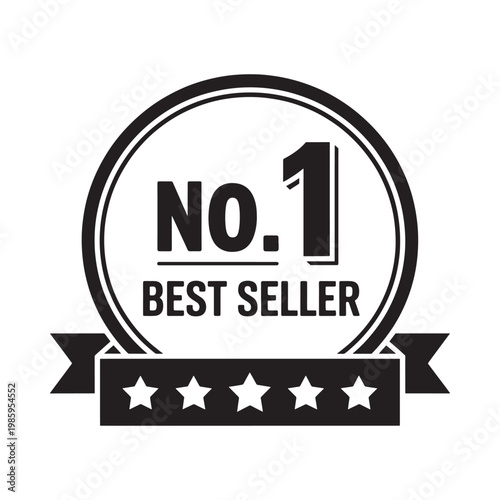 A black and white circular badge proclaiming no 1 best seller with stars