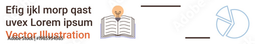 Education, innovation, data visualization, learning tools, creativity, analytics. An open book with a light bulb symbol and a pie chart icon. Education and innovation concept
