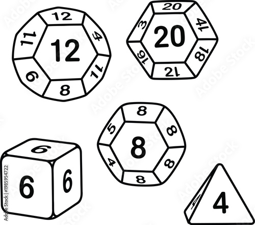 A group of polyhedral dice, including D20, D12, D8, D6, and D4, are shown in a simple line.