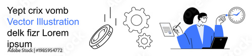 Business planning, team workflow, productivity enhancement, data analysis, efficiency optimization, time management. Businesswoman with documents, gears and a clock. Business planning