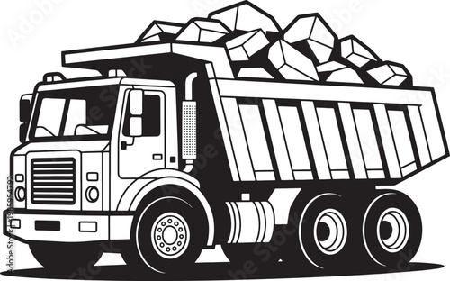 Black and white line of a heavy duty dump truck loaded with rocks construction hauling