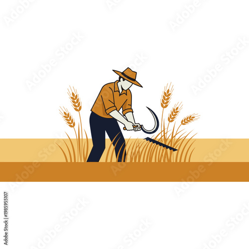 A farmer is harvesting wheat with a sickle in a field.