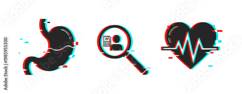 Medical diagnostic icons showing digestive and cardiac health. Glitch effect