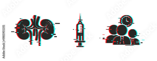 Medical icons depicting organ care injection and scheduling. Glitch effect