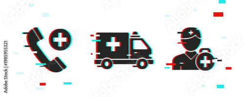 Medical emergency icons showing call ambulance and responder. Glitch effect