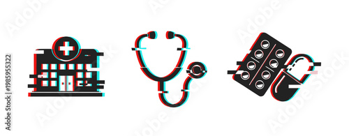 Hospital building stethoscope and medication icons on white. Glitch effect