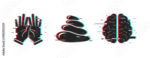 Gloved hands with stacked stones and brain icons on white. Glitch effect