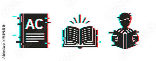 Reading and book icons showing open book and reader on white. Glitch effect