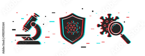 Laboratory icons depicting research protection and pathogen detection. Glitch effect