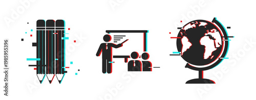 Pencils and teacher presenting lesson beside globe for education. Glitch effect
