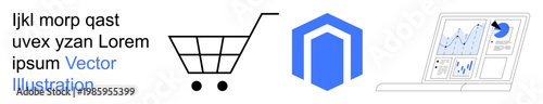 Online shopping, business analysis, retail marketing, sales trends, ecommerce platforms, digital tools. Shopping cart, hexagonal logo and analytics dashboard. Online shopping and business analysis