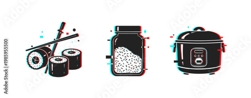 Sushi chopsticks jar of rice and rice cooker on white background. Glitch effect