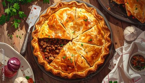 A savory pie sliced on a table with ingredients