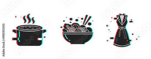 Kitchen items shown boiling and prepared on white background. Glitch effect