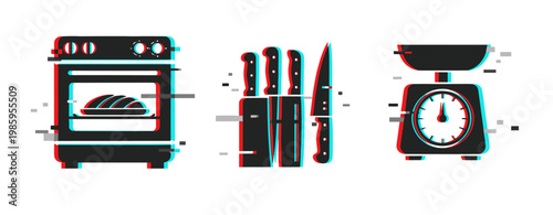 Oven loaf and knife block with kitchen scale on white background. Glitch effect